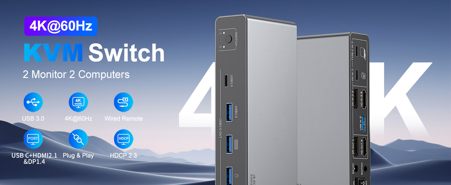 USB C KVM Switch 2 Monitors 2 Computers,4K@60Hz Dual Monitor KVM Switch for 1 PC and 1 Laptop Share