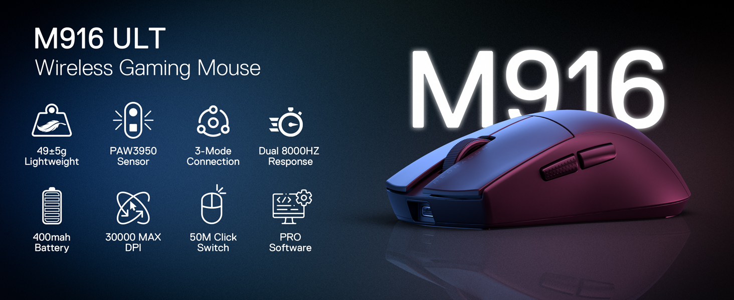 Redragon M916 ULT Wireless 8K Polling Rate Gaming Mouse, 49G Ultra-Light 30,000 Max DPI Gaming Mice