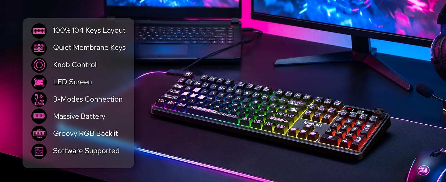 Redragon K526 PRO Wireless RGB Membrane Gaming Keyboard, LED Screen & Knob | See Battery, Mode & Tim