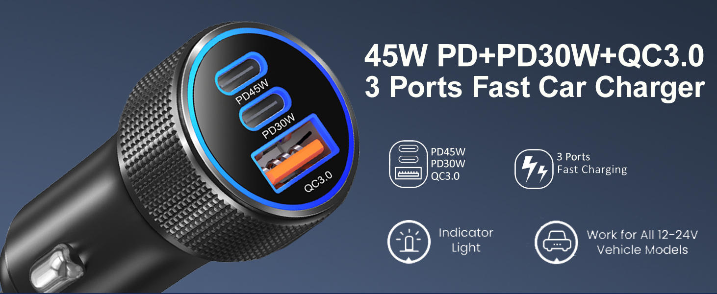 93W Car Charger USB C Fast Charge, PD45W/PD30W 3 Ports Fast Car Phone Charger|Dual USB-C & USB-A Fas