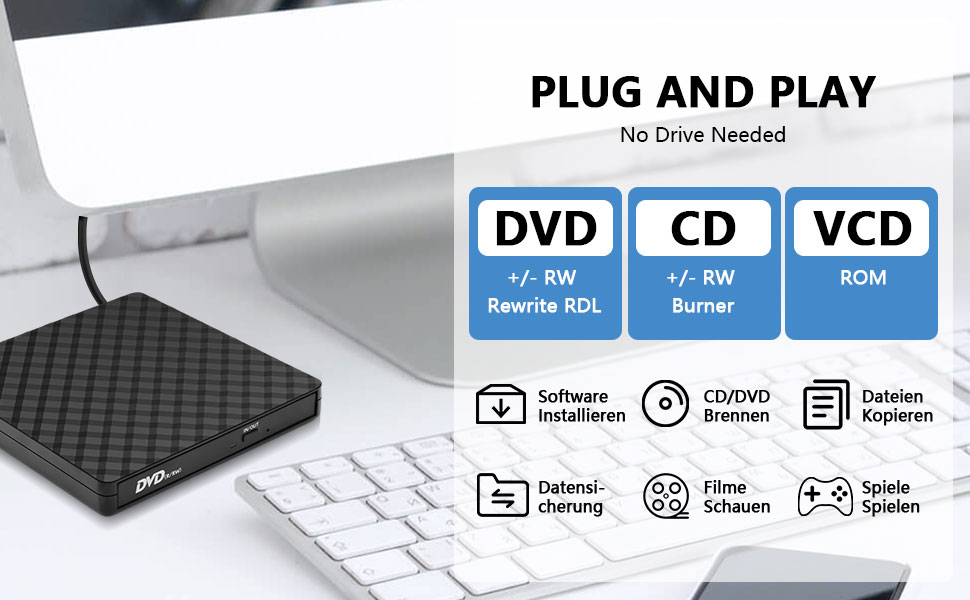 External CD DVD Drive, External CD ROM CD/DVD Burner with USB 3.0 and USB C, Portable CD/DVD +/-RW D