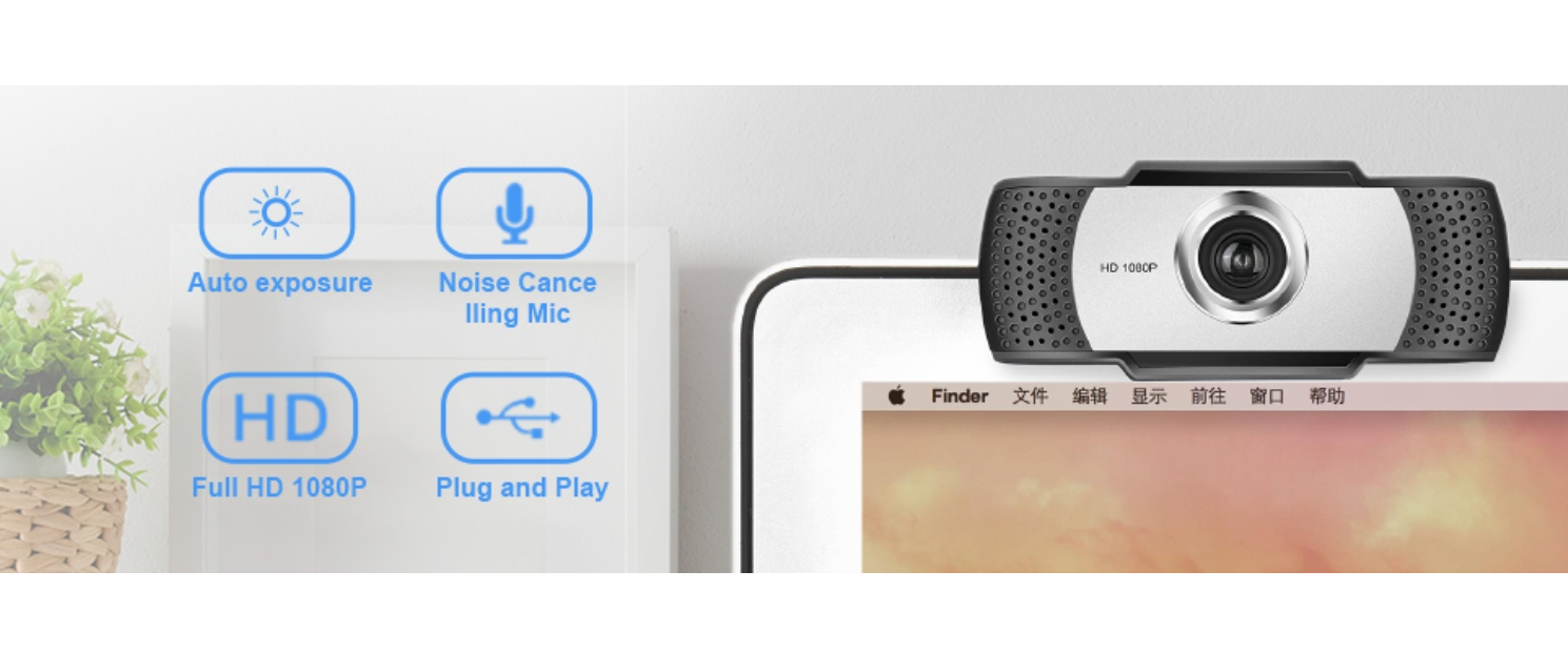 1080P webcam, plug and play, auto exposure, noise-cancelling mic alt:1080P USB webcam main features