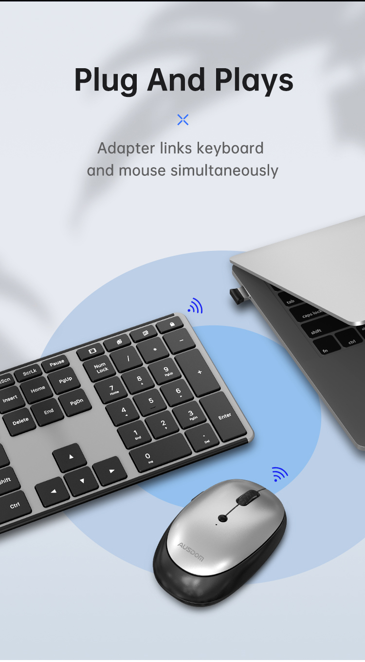 Ausdom Wireless Office Keyboard and Mouse Kit