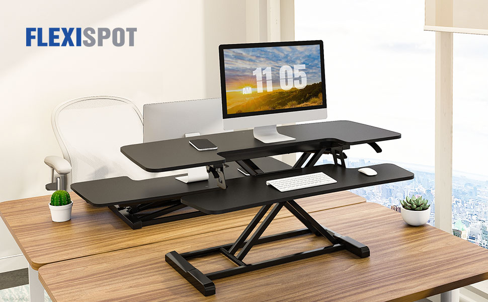 FLEXISPOT Home Office Height Adjustable Standing Desk Converter MT7 Series  28 Width Computer Desk Riser with Removable Deep Keyboard Tray Black 
