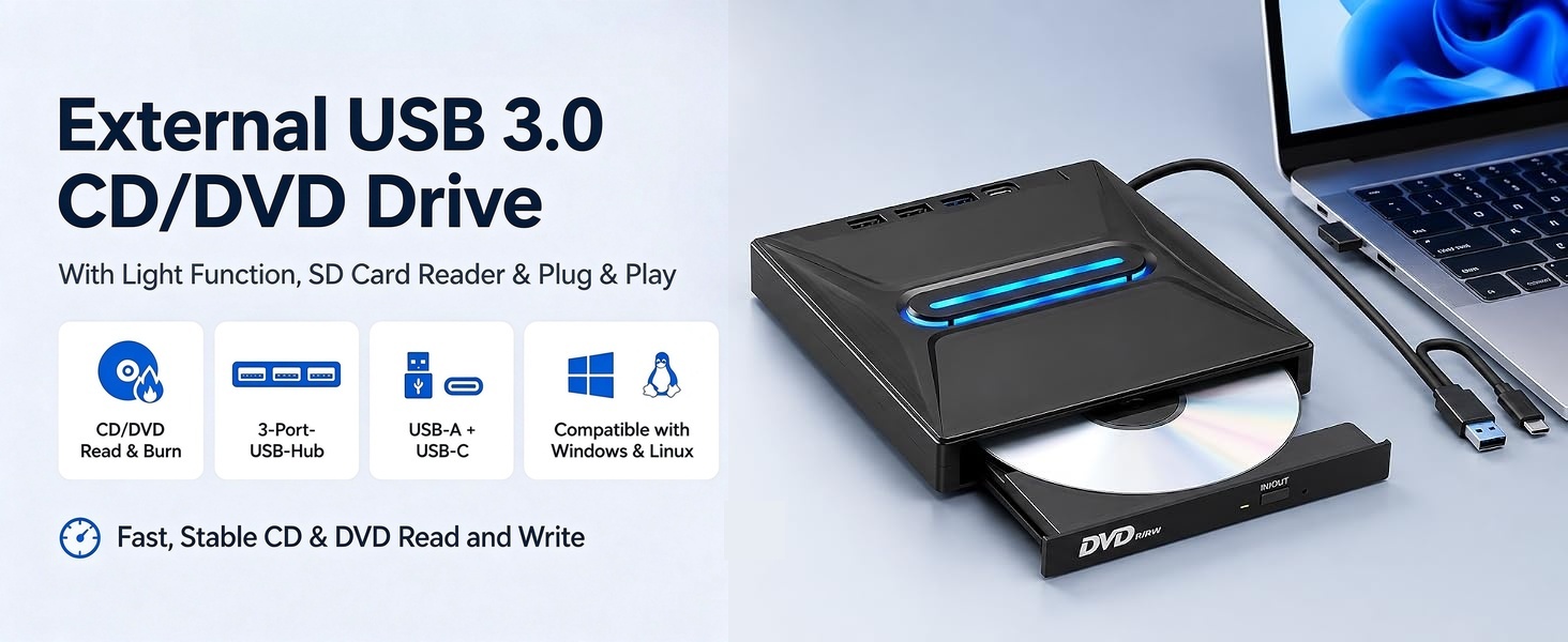 USB 3.0 Type C External CD/DVD Drive with Light Function, Portable Type-C DVD+/-RW Optical Disk Driv