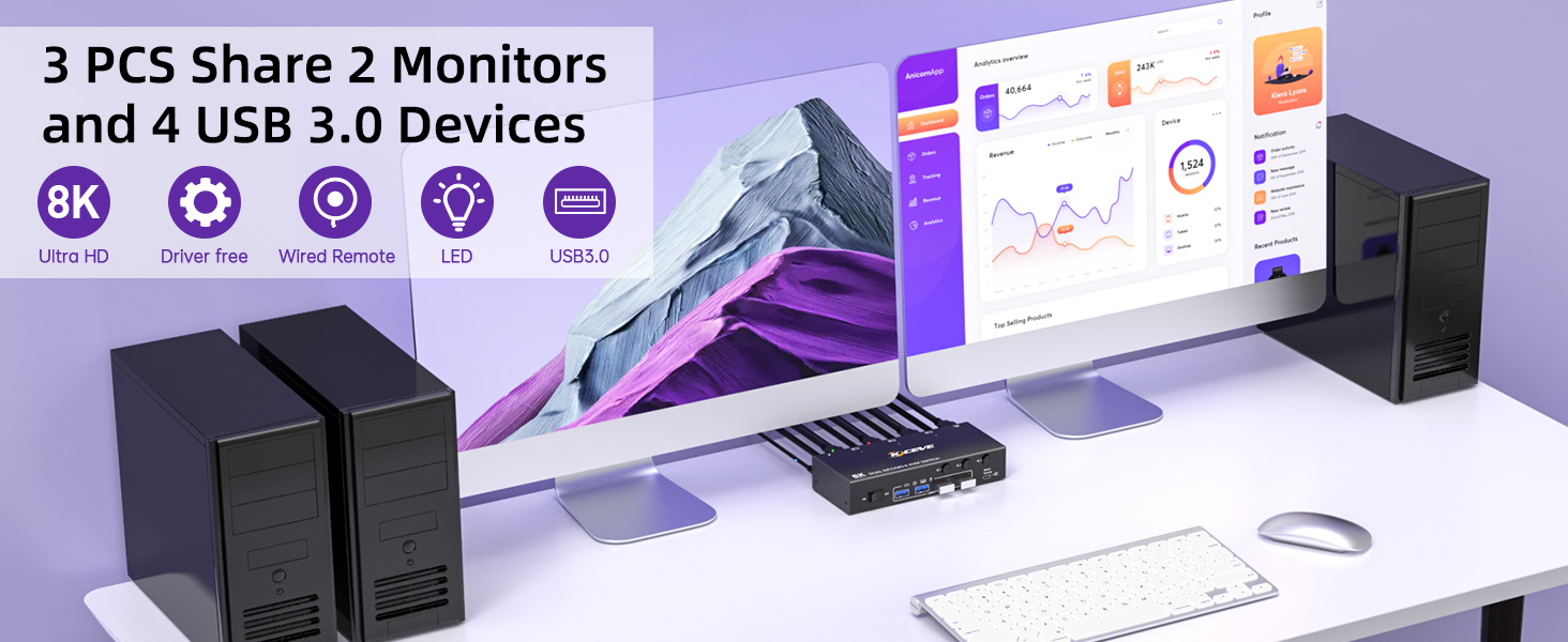 AUTYUE Dual Monitor Displayport KVM Switch 2 Monitors 3 Computers 8K@60Hz 4K@144Hz, 2 Monitors DP KV