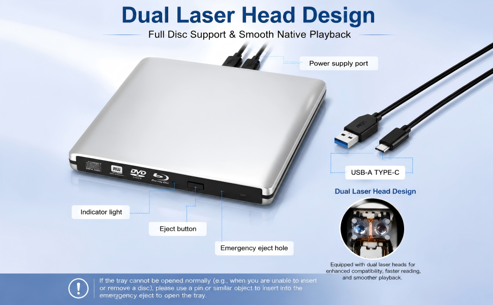 Premium Aluminum 4K UHD External Blu-Ray Drive, 4K External Blu-ray Burner, USB 3.0 & Type C Dual In