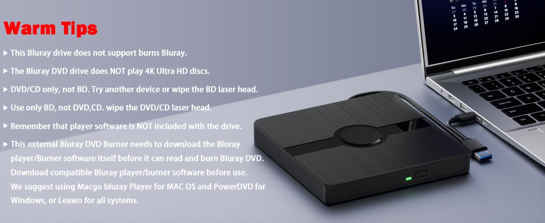 External Blu Ray Drive, BD Player with Read/Write Capability Portable Blu-ray Player with USB 3.0 an
