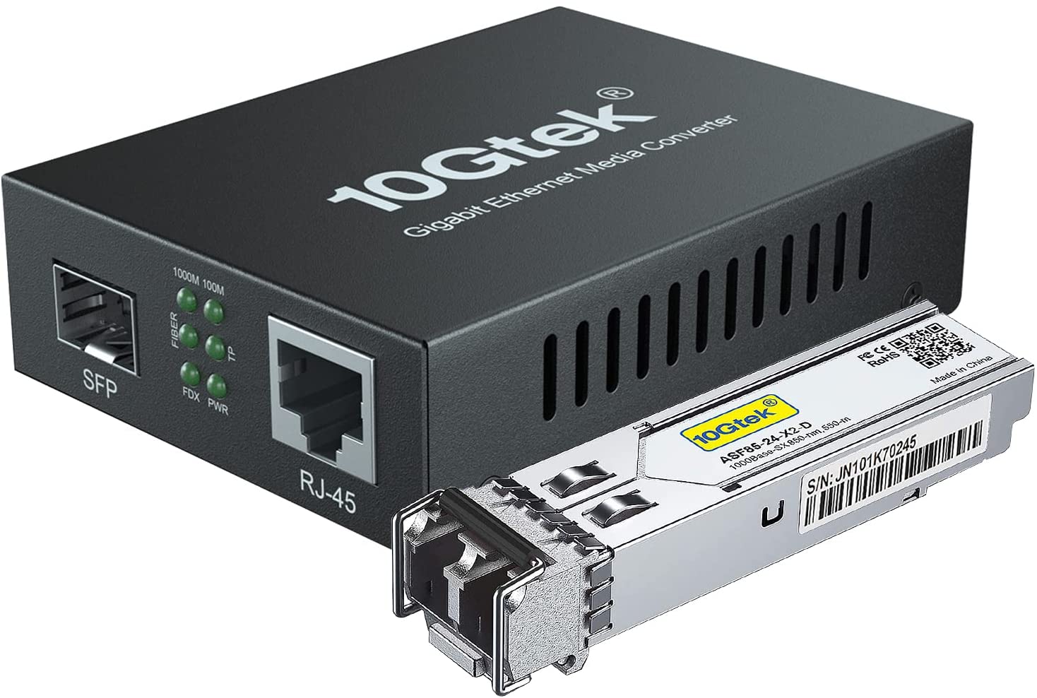 Gigabit SFP to RJ45 Fiber Media Converter With SFP Switch Module Fiber to Ethernet  Converter 10/100/1000Mbps RJ45 Port to 1000Base-LX Single-Mode Dual LC  Fiber 1310-nm 20-km