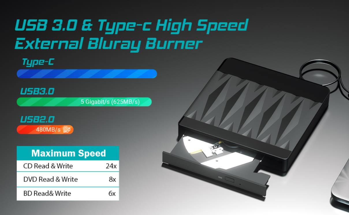 Hitoor External Blu Ray Drive, USB 3.0 and Type-C External Blu Ray Burner Portable Blu Ray DVD/CD/BD