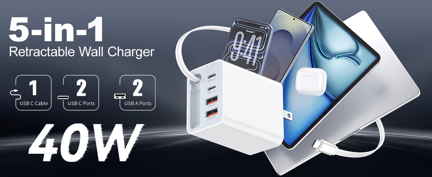 5-in-1 Retractable Wall Charger, 40W Retractable USB C Charger Wall Plug