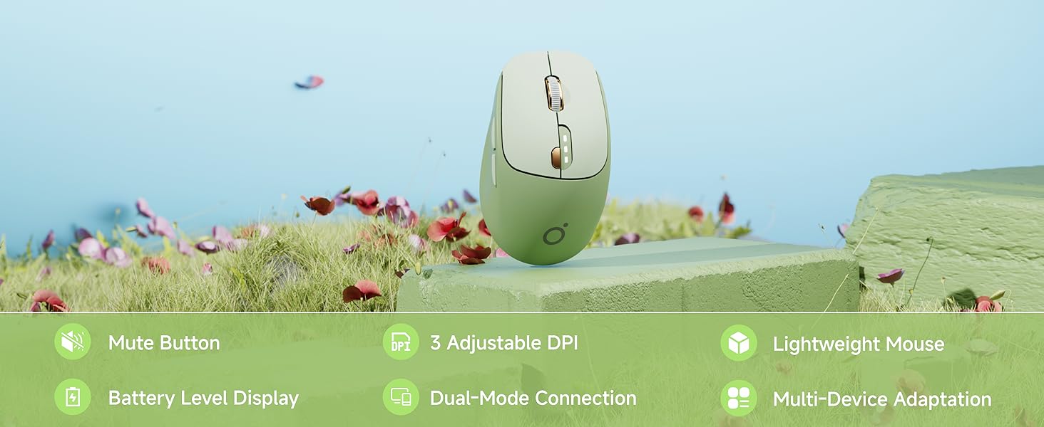 Bluetooth Wireless Mouse, Bluetooth & 2.4G Quiet Computer Mouses with 1600 DPI, Battery Level Displa