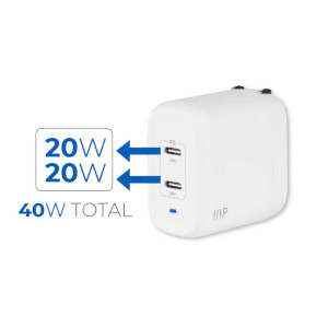 USB-C Charger, 40W 2-port PD GaN Technology Foldable Wall Charger White, Power Delivery for iPad Pro