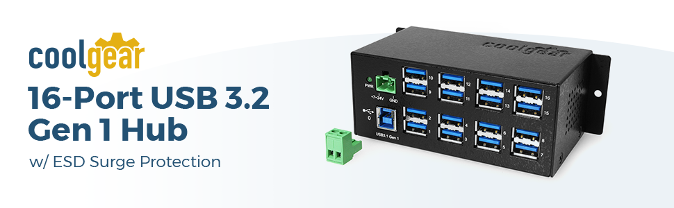 Coolgear 7-port USB-C 3.2 Hub w/ 15KV ESD Surge Protection DIN RAIL Mount