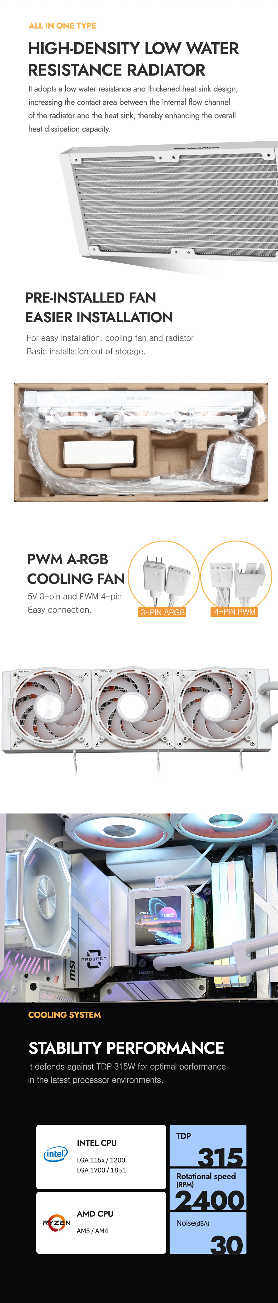 darkFlash DE360 360mm AIO Liquid CPU Cooler 2.88" IPS Display 5V ARGB Lighting Copper Water