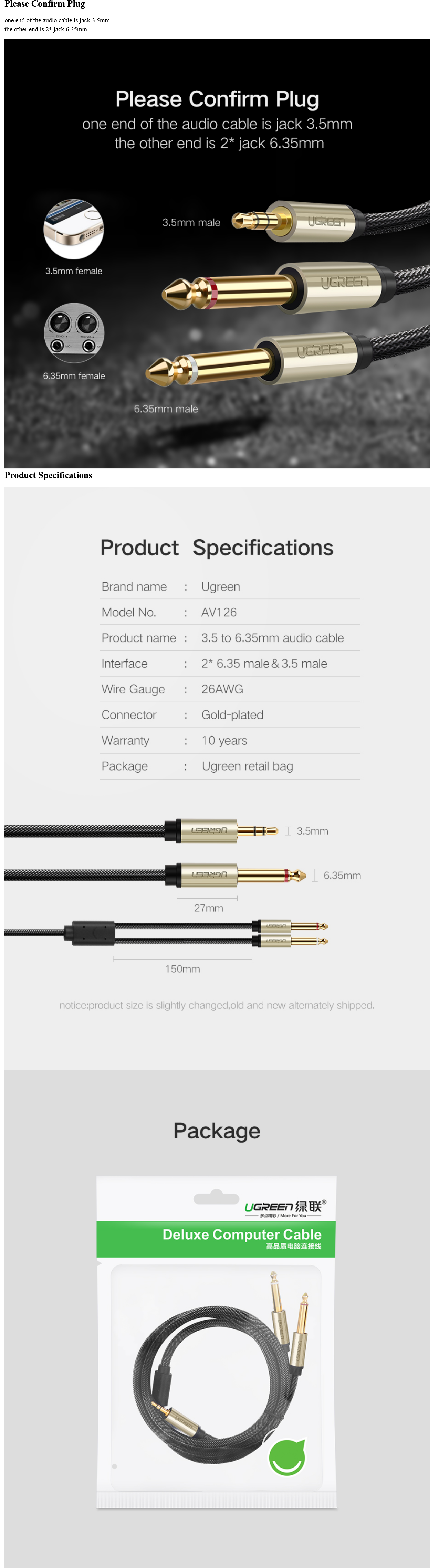 Jansicotek 3.5mm to Double 6.35MM Stereo Jack Audio Cable Gold Plated 3.5mm  1/8 TRS to 6.35mm 1/4 TS Mono Y-Cable Splitter Cord for iPhone Multimedia  Speakers and Home Stereo Systems - Black