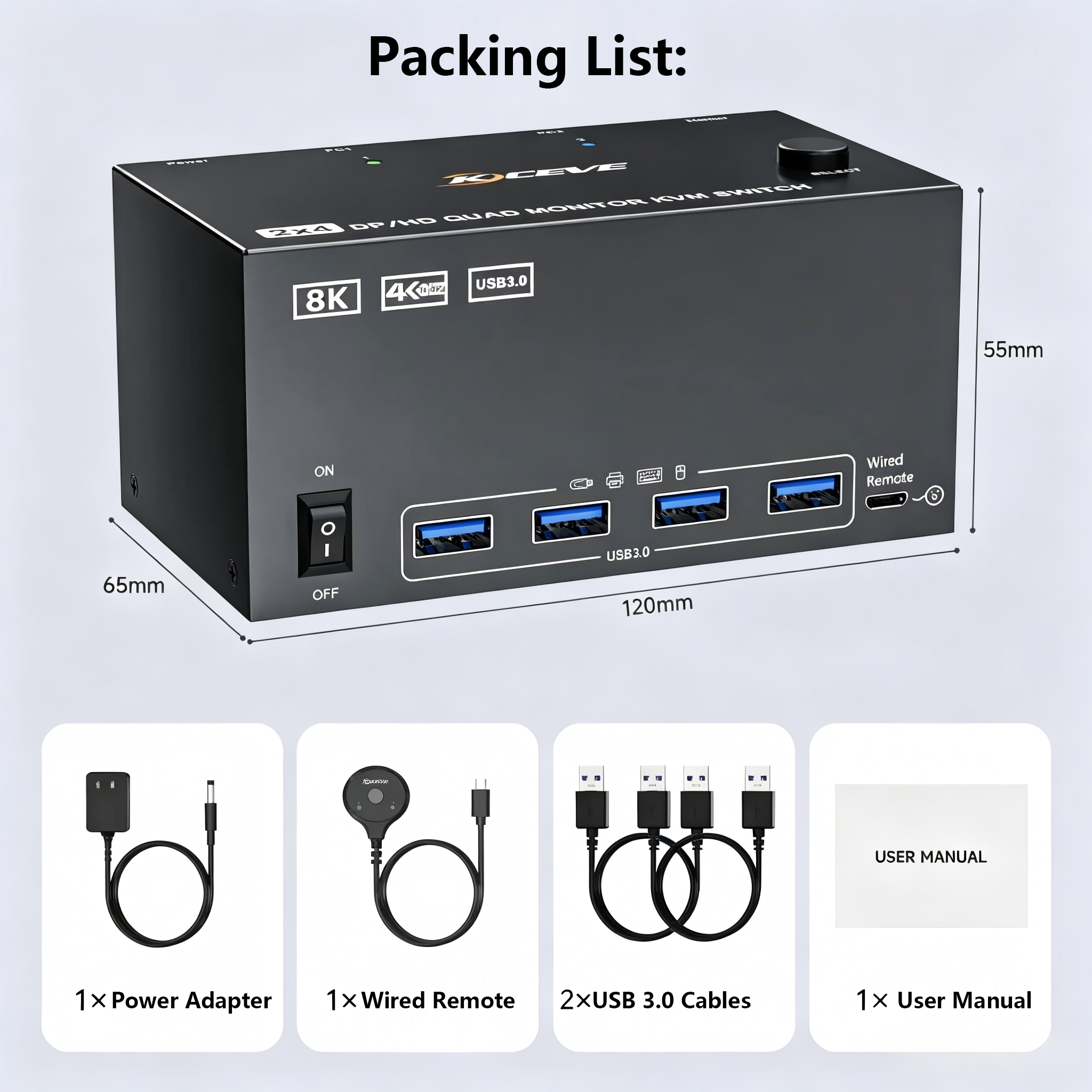 12V DC power adapter is provided for extra power supply. We recommend using shorter HDMI + DP cable