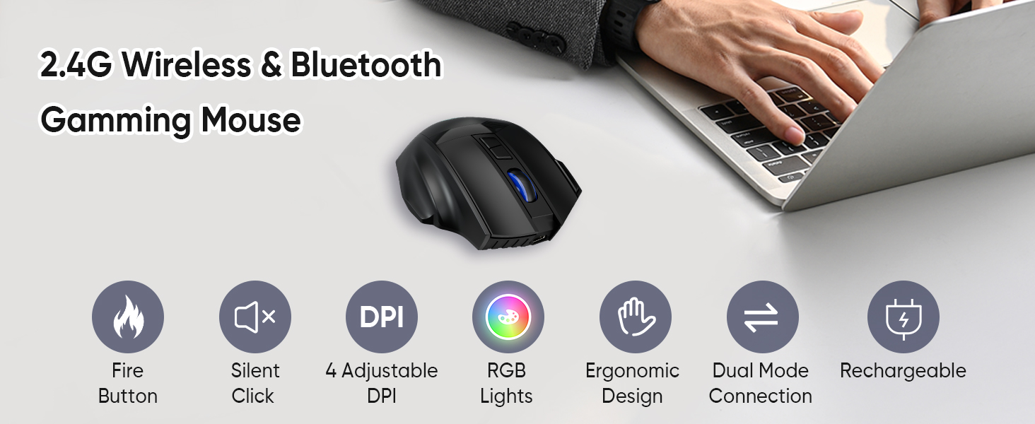 Wireless Gaming Mouse, Dual-Mode 2.4G/Bluetooth Wireless Mouse, Rechargeable PC Gaming Mice