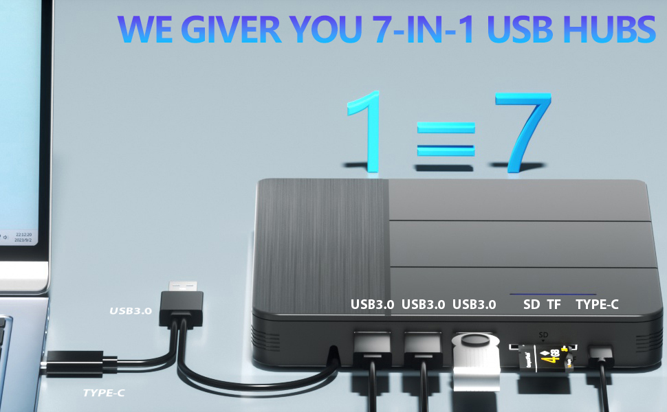 7 in 1 External Blu-ray Drive with 4 USB Port & TF/SD Card Slots, Support 100G Read & Write