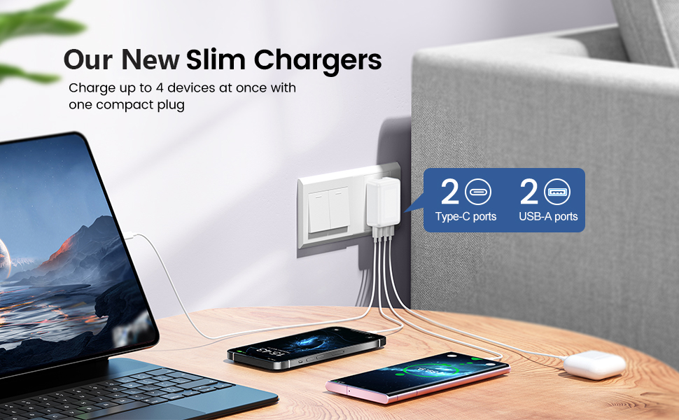 40W USB C Charger Block, Flat USB C Wall Charger Slim Dual Port [2 USB A & 2 Type C] Fast Charging B
