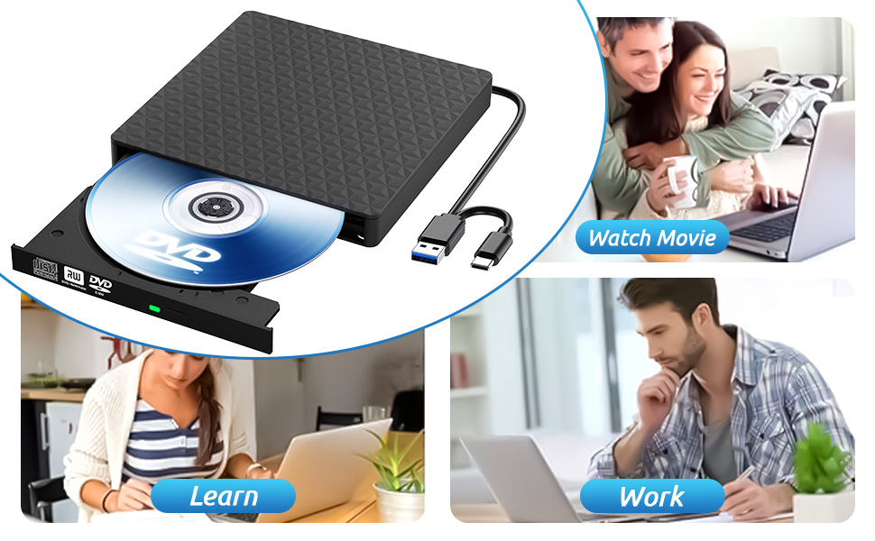 External CD DVD Drive, Slim CD DVD Rw Reader Disk Drive Portable DVD Player, USB 3.0 and Type-C Opti