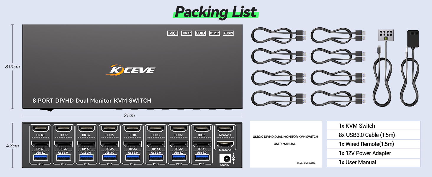 This 8 ports HDMI displayport KVM switch supports three switching modes: 1.Wired remote (length: 1.5