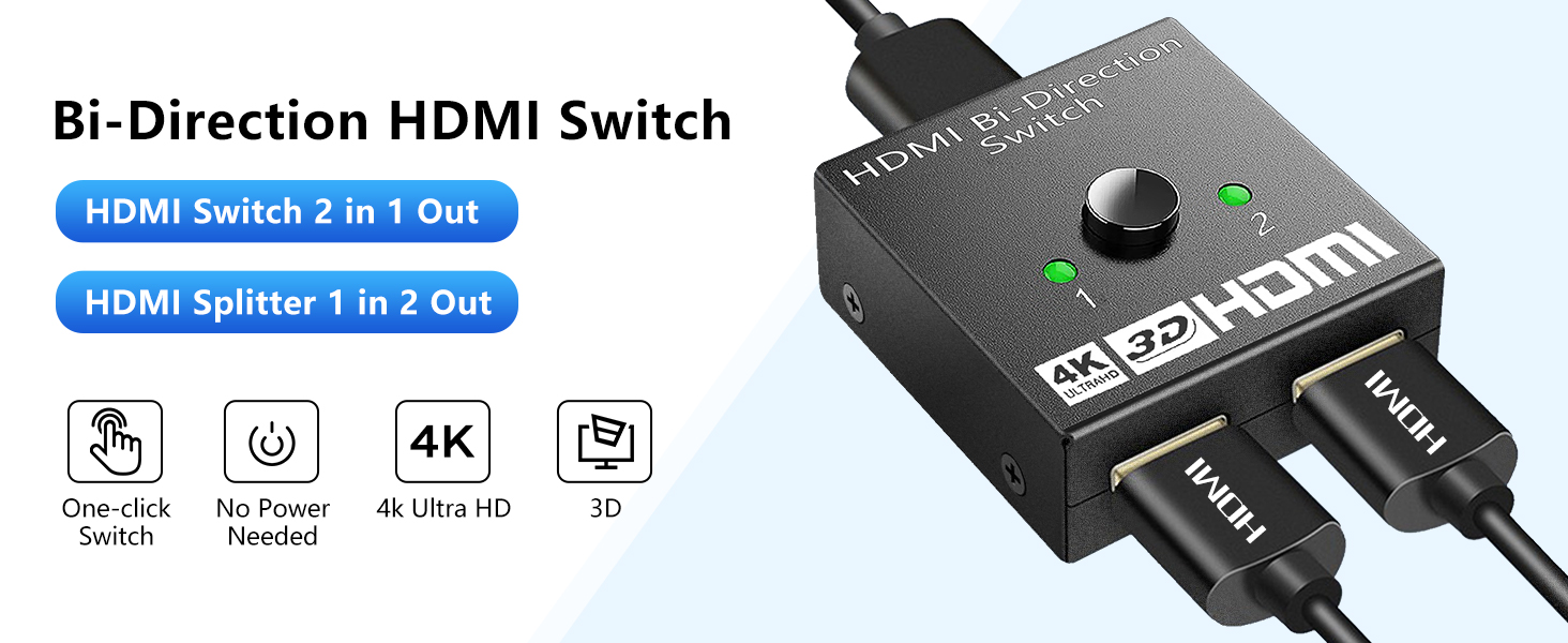 HDMI Switch Splitter 4K@60hz, Aluminum Bidirectional HDMI Switcher 2 in 1  Out, HDMI Splitter 1 in 2 Out, HDMI Hub Supports 4K 3D HDR for Xbox PS5/4/3  Blu-Ray Player Fire Stick Roku