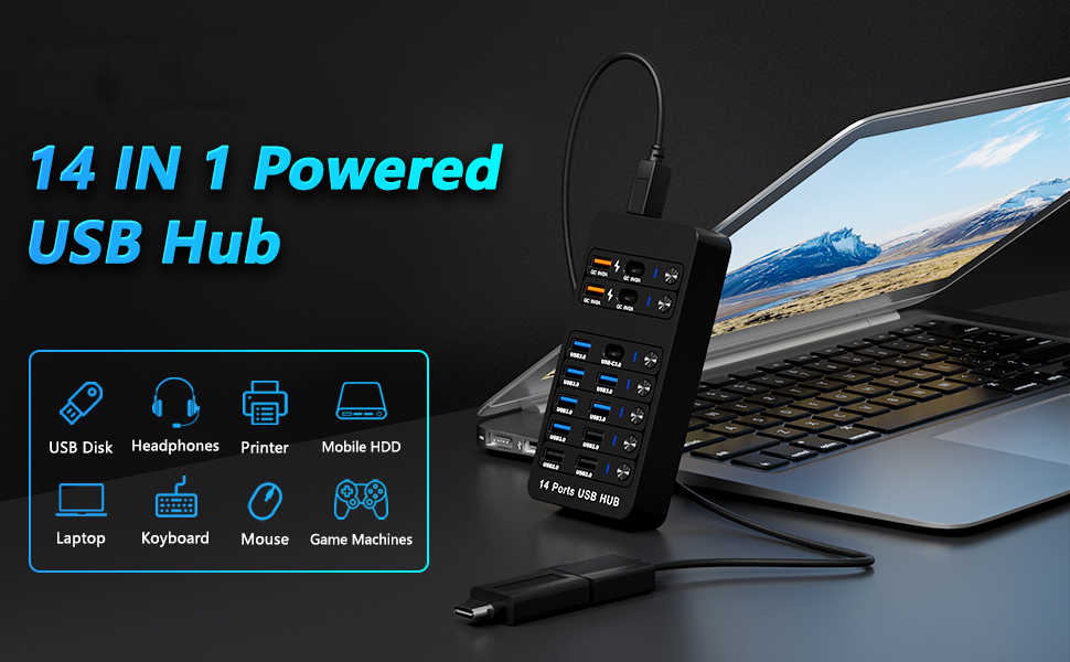 Powered USB 3.0 Hub, 14 Ports Powered USB 3.0 Splitter Hub with 4 Smart Charging Ports