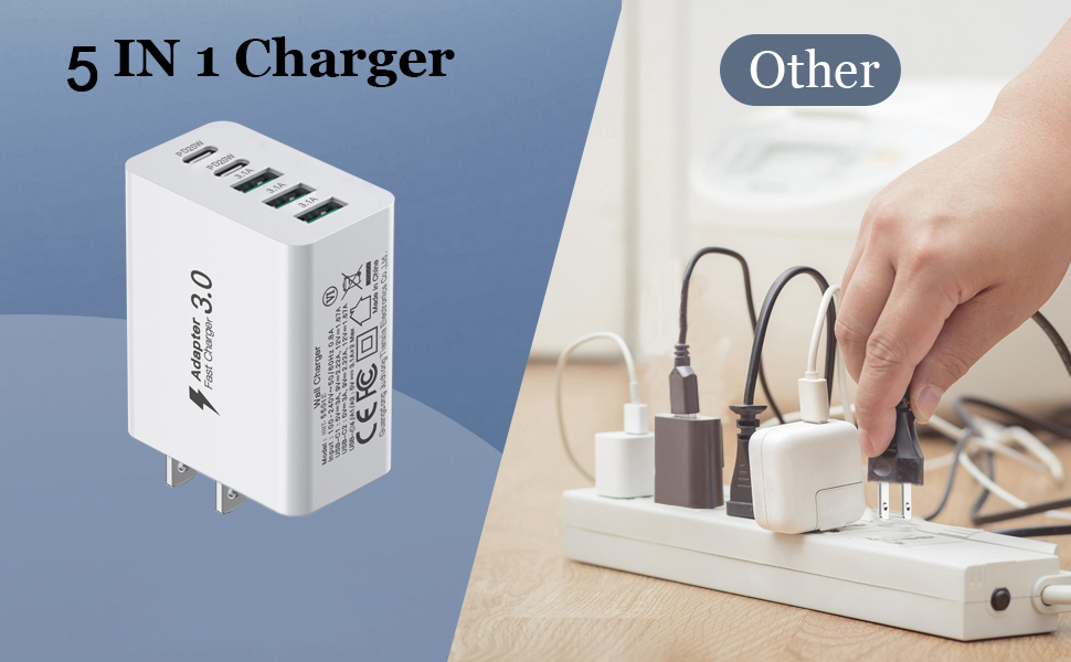 [2-Pack] USB C Charger Block, 5 Ports 50W Charging Blocks, Fast Wall Charger