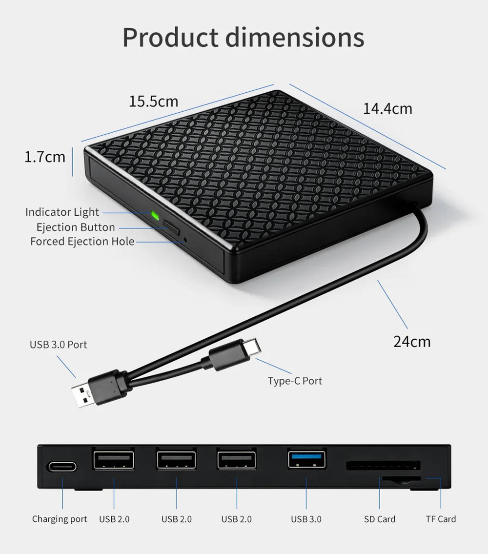 External CD/DVD Drive for Laptop, Portable DVD Player for Laptop, 8 in 1 USB 3.0 Ultra-Slim Portable