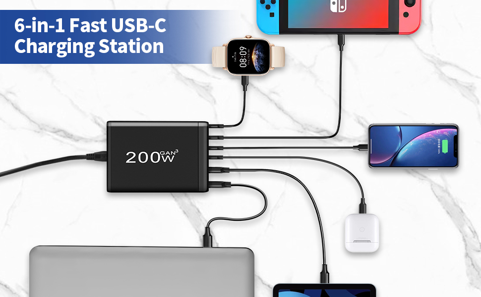 200W GaN III 6-Port USB C Fast Charging Station