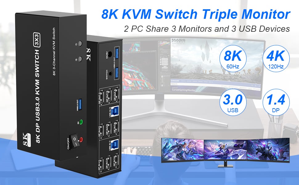 8K@60Hz DisplayPort KVM Switch 3 Monitors 2 Computers Sharing 3 Monitor and 3 USB 3.0 Ports, Audio &