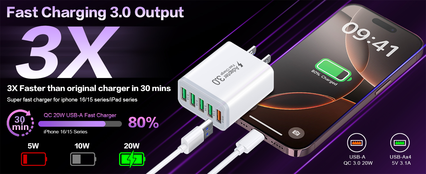 USB Charger Block 50W, [2 PACK] 5 Port USB Fast Charging Blocks Multiport Wall Charger