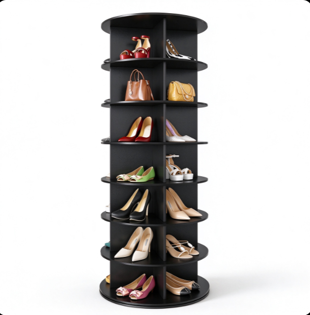`rotating shoe rack, 7 tier shoe tower, spinning shoe organizer, closet entryway storage`