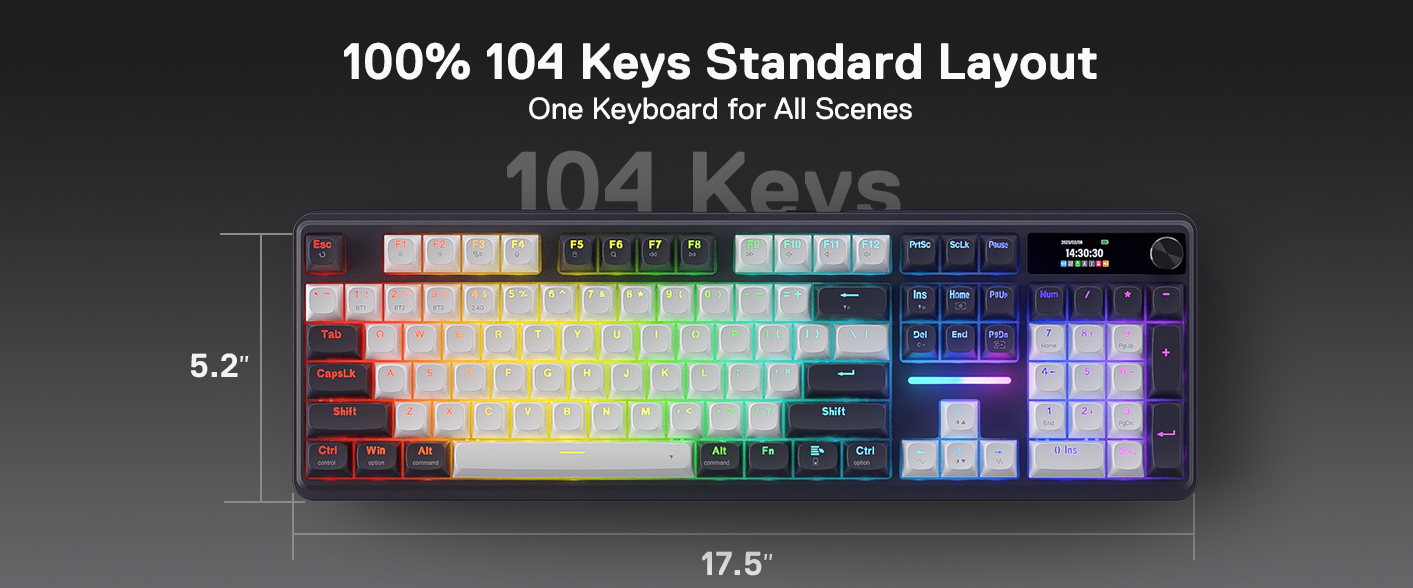 Redragon K762 PRO Wireless 104-Key Gasket Gaming Keyboard, Screen & Knob