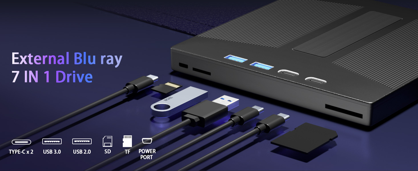 External Blu Ray Drive, 7 IN 1 Portable Blu Ray Burner USB 3.0 Type-C Blu Ray Drive Support 100G Dis