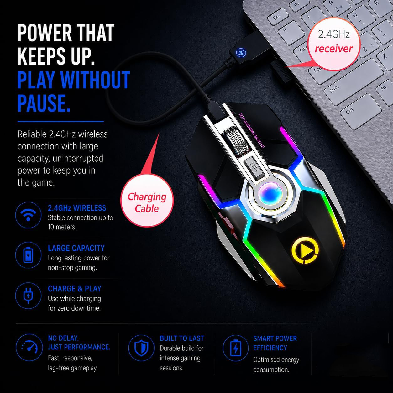 The built-in rechargeable battery eliminates the need for disposable batteries, making it convenient