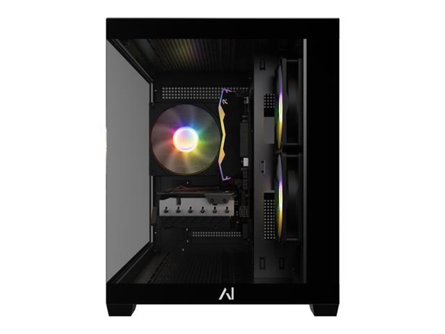 Black Spectra gaming PC case viewed through the front glass