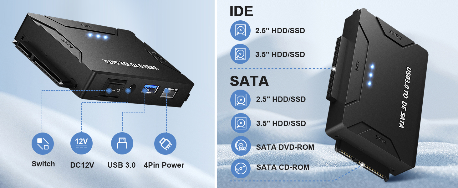 IHDAPP USB 3.0 to IDE and SATA Adapter, External Hard Drive Reader Ultra Recovery