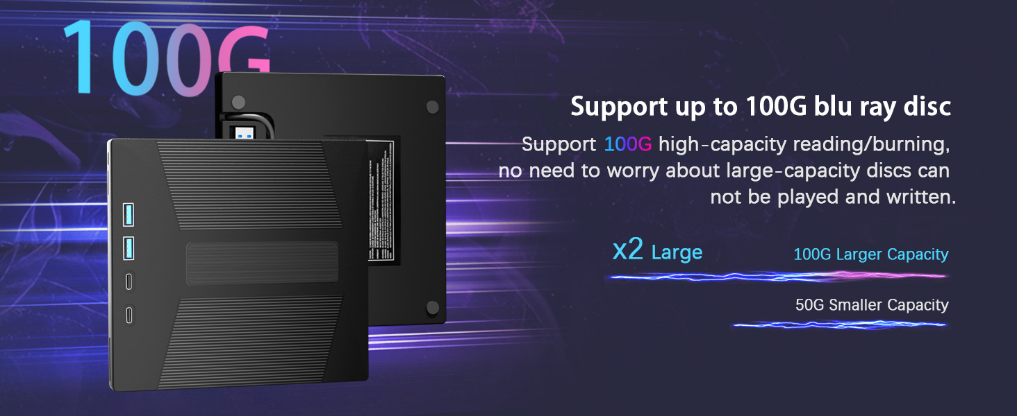 External Blu Ray Drive, 7 IN 1 Portable Blu Ray Burner USB 3.0 Type-C Blu Ray Drive Support 100G