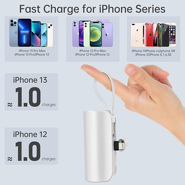 Small Portable Charger for iPhone, 5000mAh Mini Power Bank with Built-in Cable/Metal Stand