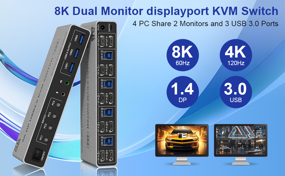 8K@60H 4 Port Displayport USB 3.0 Dual Monitor KVM Switch 4 computers share 2 monitors and 3 USB3.0