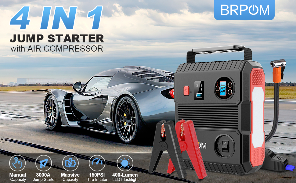 BRPOM Car Jump Starter with Air Compressor, 150PSI 4000A Peak 24000mah (Up  to All Gas or 8.0L Diesel Engine, 50 Times) Portable Jump Starter 12V Auto  Battery Jump Pack QC 3.0 with