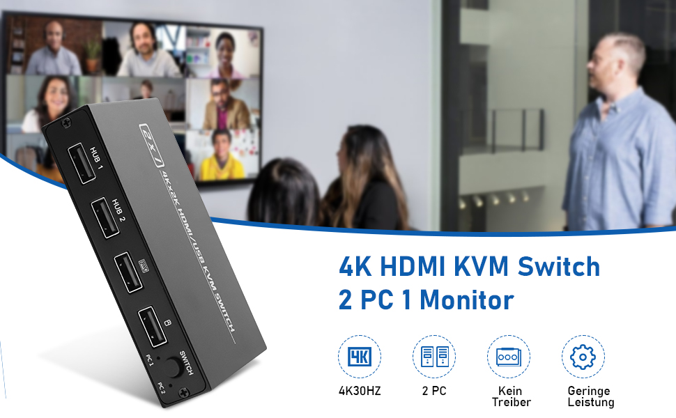 USB 2.0 HDMI KVM Switcher 2 PCs 1 Monitor 4K@30Hz