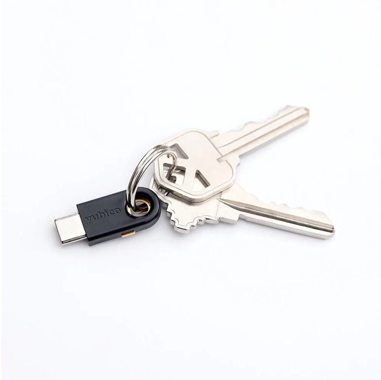 YubiKey 5C FIPS on a keyring alongside house keys