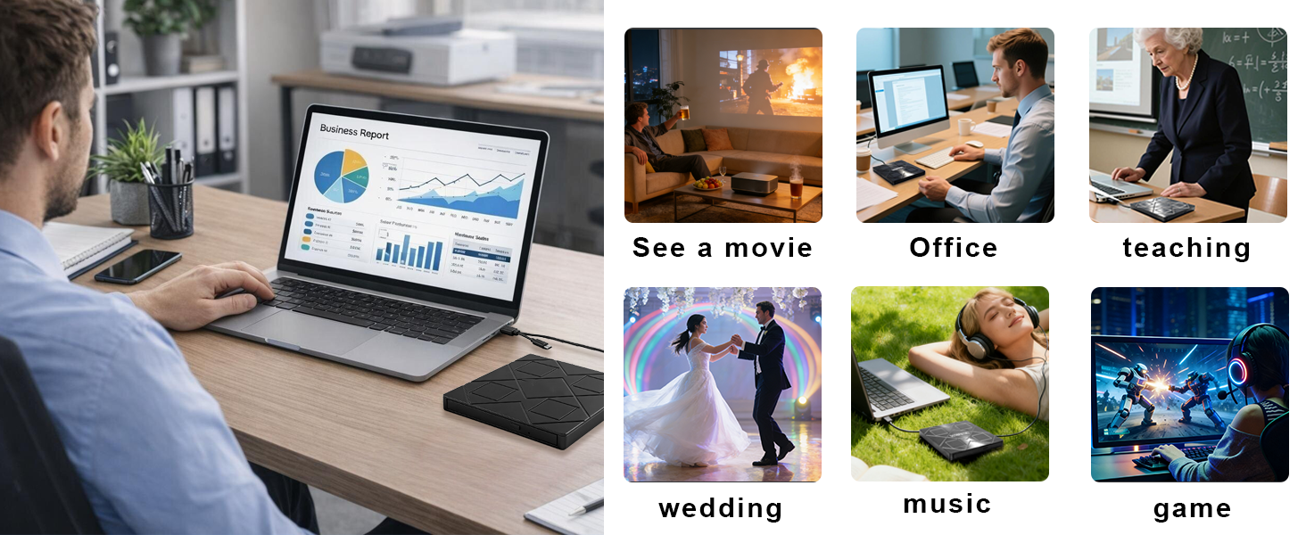 8-in-1 Portable DVD Player for Laptop, External CD DVD Drive Featuring USB*2 /USB C*2,TF/SD Card Rea