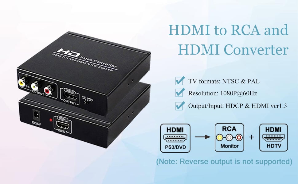  HDMI to RCA and HDMI Adapter Converter, NEWCARE HDMI to HDMI+3RCA  CVBS AV Composite Video Audio Adapter/Splitter, with Power Adapter Support  1080P, PAL, NTSC, for HD TV, Older TV,Camera, Monitor, etc 
