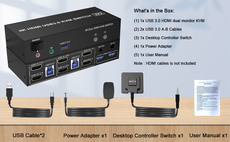 What's in the box 1* 2 port USB3.0 Dual Monitor KVM HDMI 1* USB Power Adapter 1* Wired Remoter 2* US