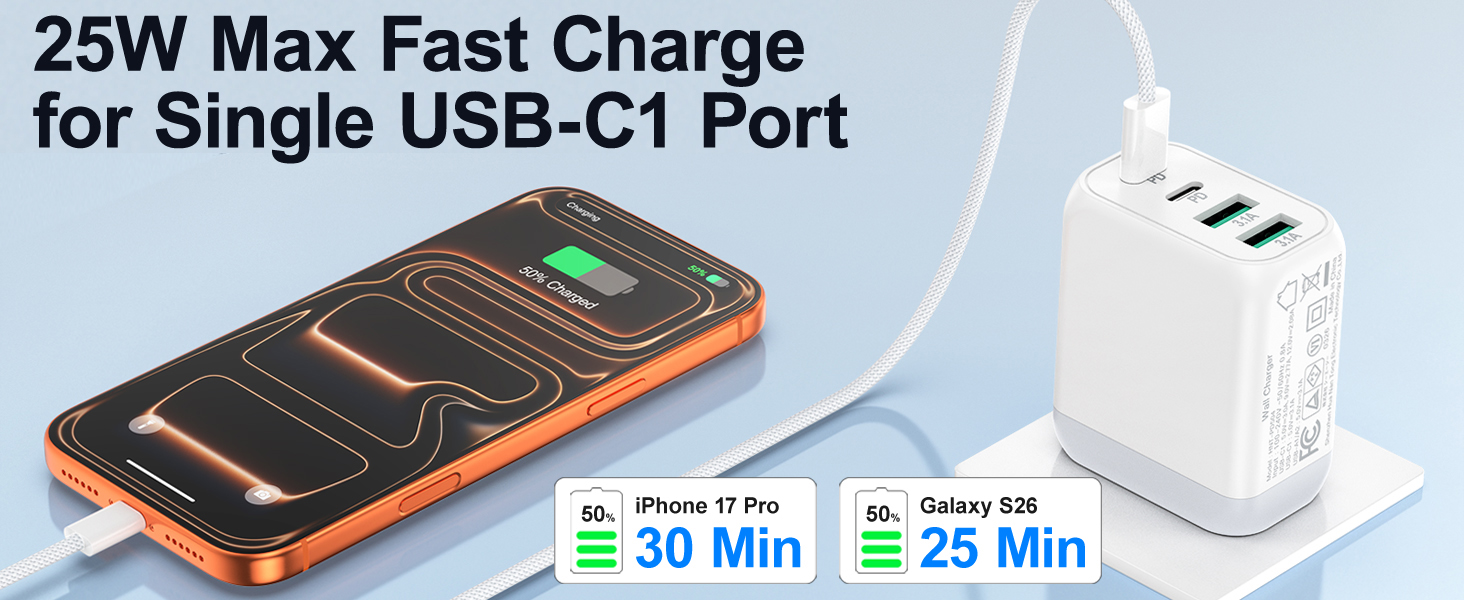 USB C1 Port- PD 3.0 25W Single Max Fast Charger