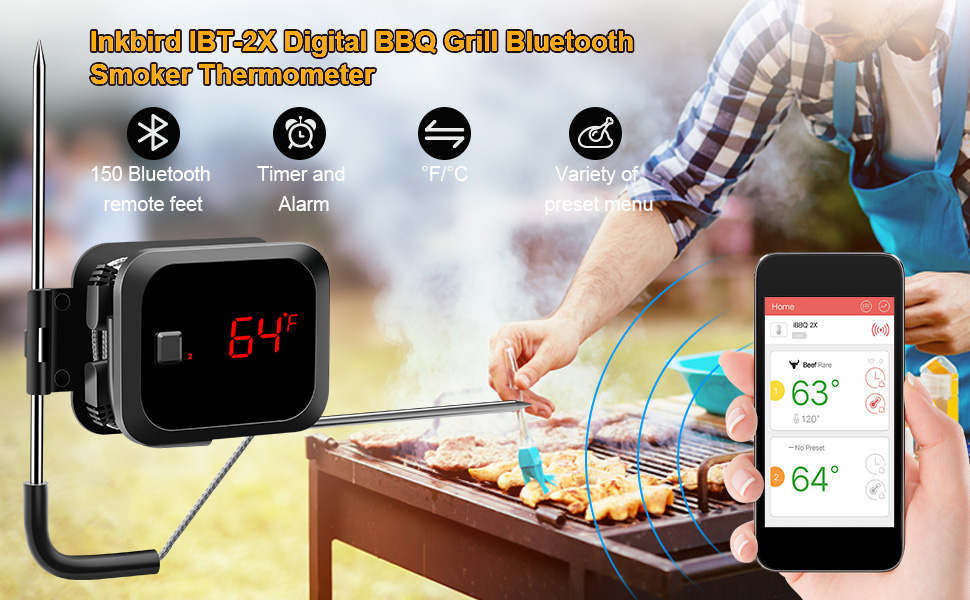 Inkbird IBT-2X Digital BBQ Grill Bluetooth Smoker Thermometer , 150 feet  Wireless Cooking Meat Thermometer with Timer and Alarm for Kitchen Oven  Barbecue, Dual Probes 